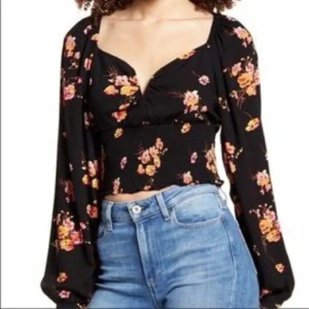 Leith Black Floral Smocked Cropped Top Women’s S | Romantic Night Out Boho